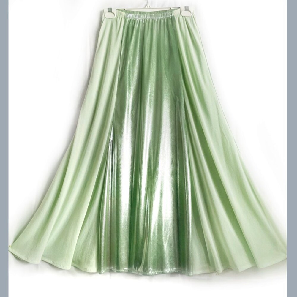 Ameynra design shiny skirt for dance or cosplay. Light green. Silver glitter